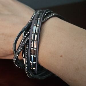 Leather Embelished Adjustable Wrap Bracelet